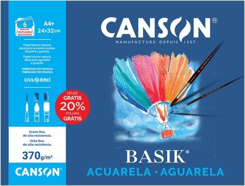 Minipack 6 làmines A4+ Basik aquarel·la i tempera 370g Canson Minipack 6 làmines A4+ Basik aquarel·la i tempera 370g Canson